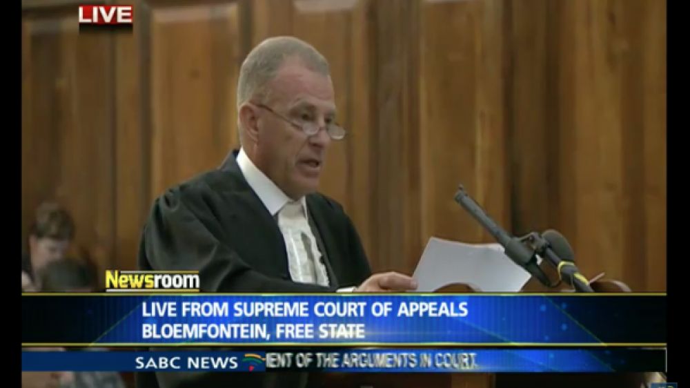 Le procureur Gerrie Nel a d&eacute;fendu sa demande en appel devant les cinq membres de la Cour supr&ecirc;me (capture d&#039;&eacute;cran SABC News)
