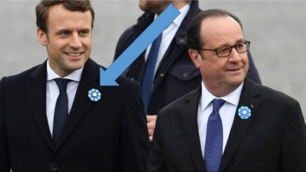 Emmanuel Macron et Fran&ccedil;ois Hollande arborent le Bleuet de France, le 8 mai 2017